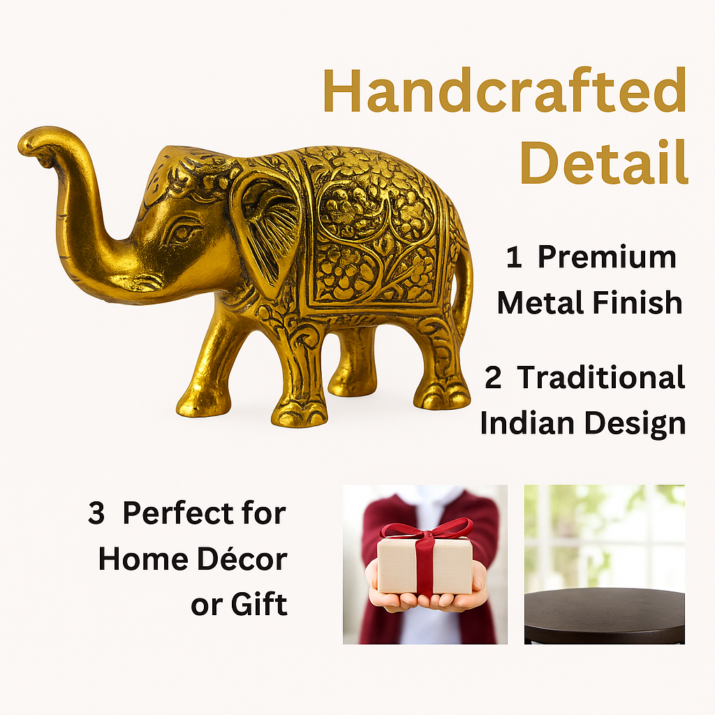 Handmade Brass Elephant Figurine - 5 Inch Golden Finish