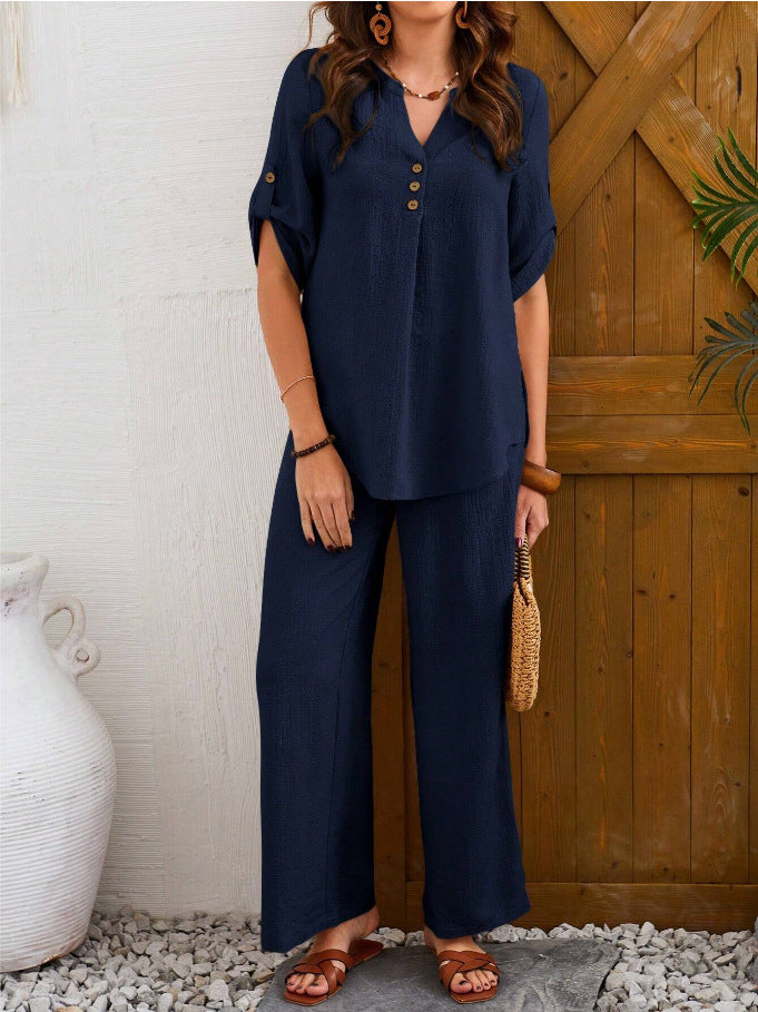 Loose Leisure Suit Solid Color Short-sleeved Trousers