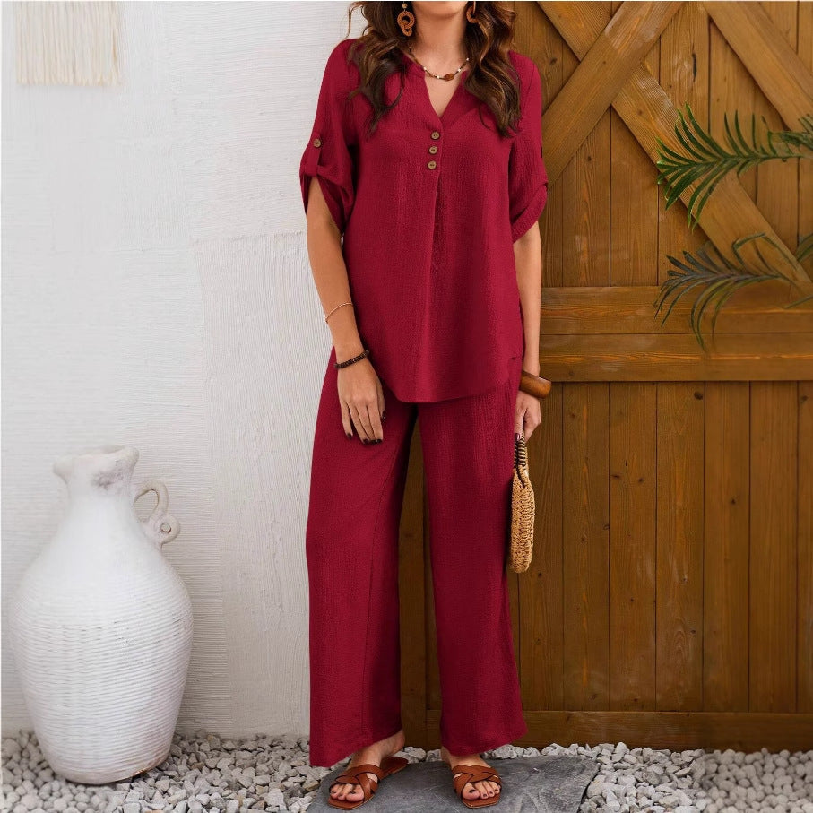 Loose Leisure Suit Solid Color Short-sleeved Trousers