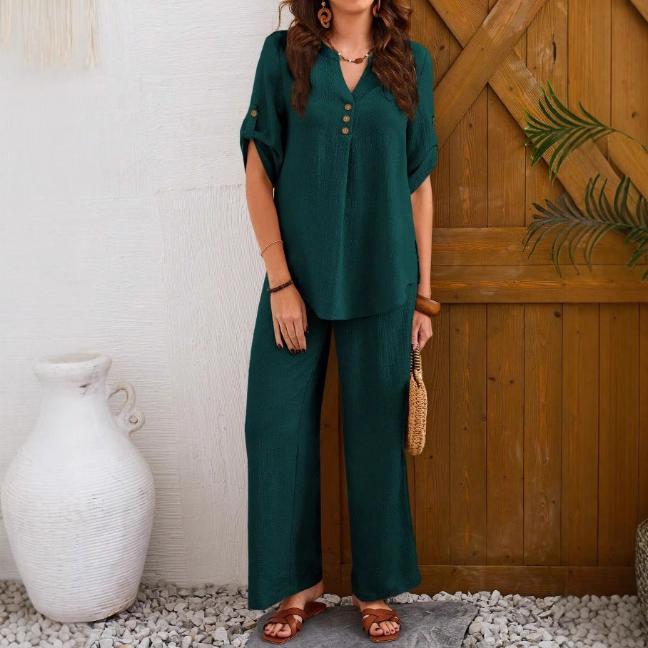 Loose Leisure Suit Solid Color Short-sleeved Trousers